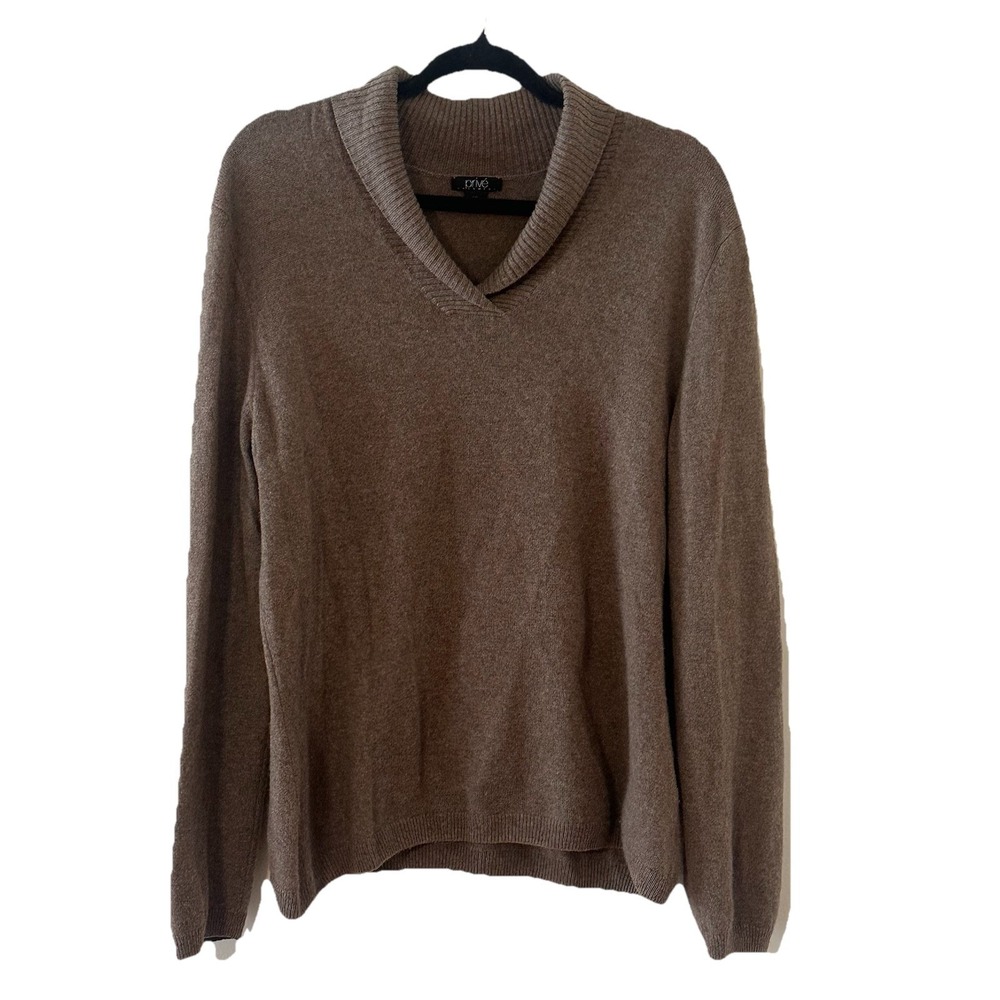 Prive Cashmere Sweater Womens Brown Shawl Collar LS Minimalist Classic Earthy XL